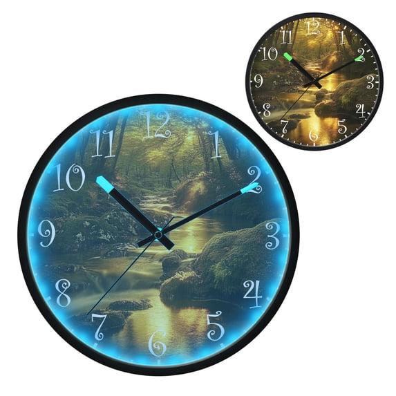Voice Activated Clock with Glow Light 12 Inch Large Silent Wall Clock Battery Operated for Home Decor Forest Stream with Moss-covered