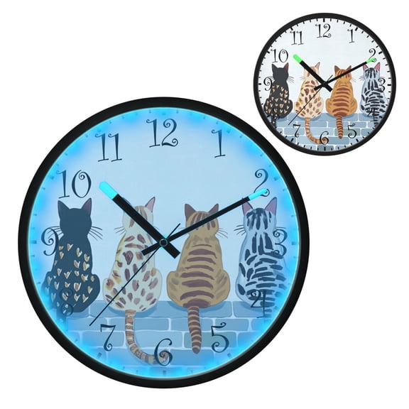Voice Activated Clock with Glow Light 12 Inch Large Silent Wall Clock Battery Operated for Home Decor Four Cats