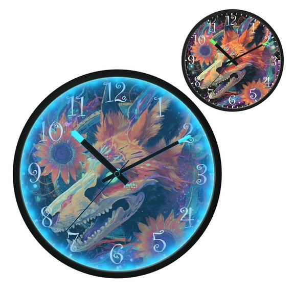 Voice Activated Clock with Glow Light 12 Inch Large Silent Wall Clock Battery Operated for Home Decor Fox Skull