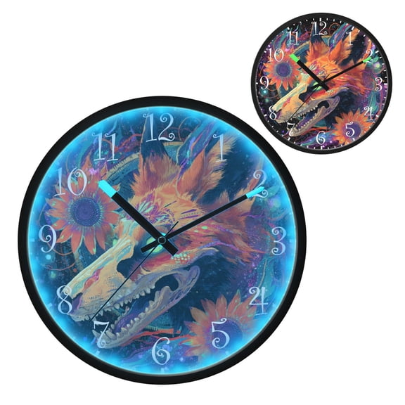 Voice Activated Clock with Glow Light 12 Inch Large Silent Wall Clock Battery Operated for Home Decor Fox Skull