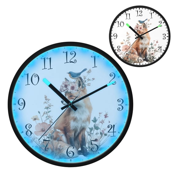 Voice Activated Clock with Glow Light 12 Inch Large Silent Wall Clock Battery Operated for Home Decor Fox with A Bird