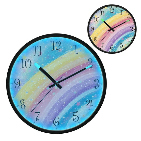 Voice Activated Clock with Glow Light 12 Inch Large Silent Wall Clock Battery Operated for Home Decor Glittery Rainbow