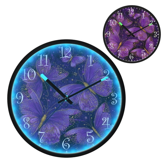 Voice Activated Clock with Glow Light 12 Inch Large Silent Wall Clock Battery Operated for Home Decor Glowing Purple Butterfly