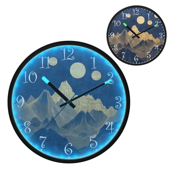 Voice Activated Clock with Glow Light 12 Inch Large Silent Wall Clock Battery Operated for Home Decor Gold-blue Mountains