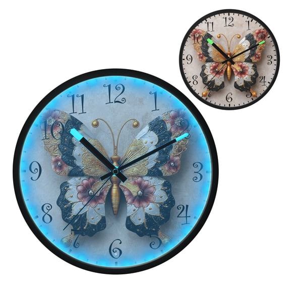 Voice Activated Clock with Glow Light 12 Inch Large Silent Wall Clock Battery Operated for Home Decor Gorgeous Colors Butterfly