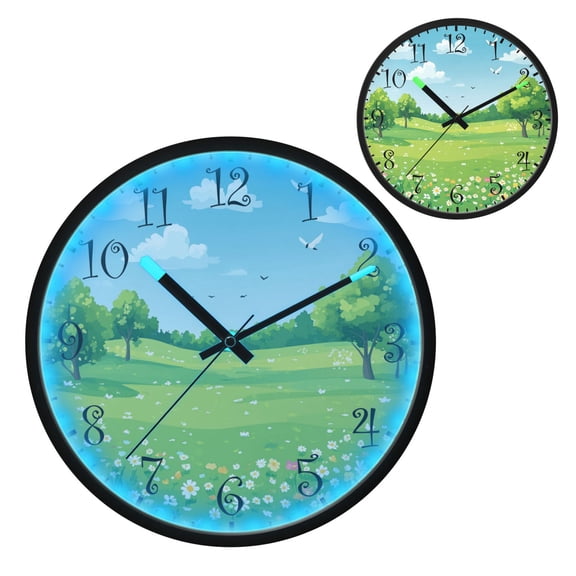 Voice Activated Clock with Glow Light 12 Inch Large Silent Wall Clock Battery Operated for Home Decor Green Meadow with Trees