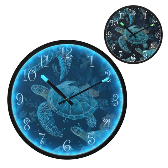 Voice Activated Clock with Glow Light 12 Inch Large Silent Wall Clock Battery Operated for Home Decor Green Sea Turtles Pattern