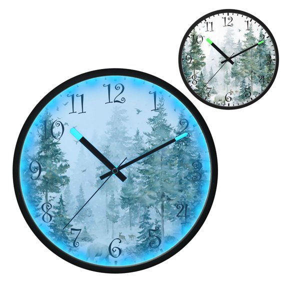 Voice Activated Clock with Glow Light 12 Inch Large Silent Wall Clock Battery Operated for Home Decor Green Snowy Forest Scene
