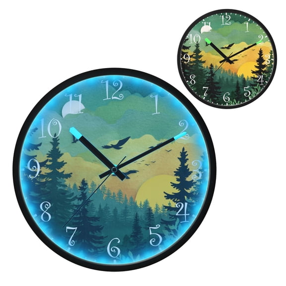 Voice Activated Clock with Glow Light 12 Inch Large Silent Wall Clock Battery Operated for Home Decor Green and Yellow Sunset