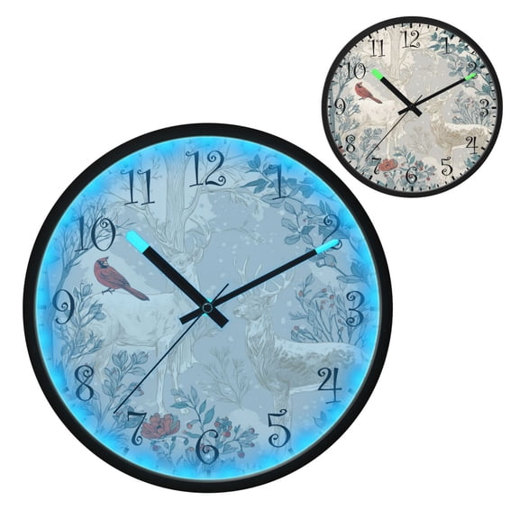 Voice Activated Clock with Glow Light 12 Inch Large Silent Wall Clock Battery Operated for Home Decor Hand-drawn Deer and Cardinals