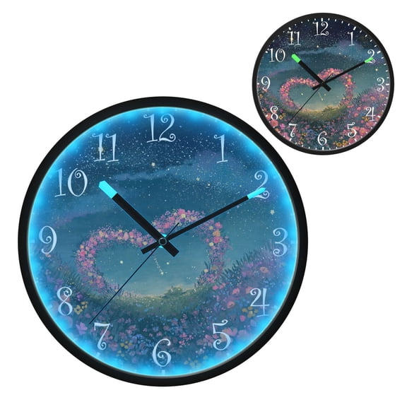 Voice Activated Clock with Glow Light 12 Inch Large Silent Wall Clock Battery Operated for Home Decor Heart-shaped Garlands Float