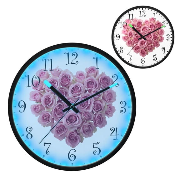 Voice Activated Clock with Glow Light 12 Inch Large Silent Wall Clock Battery Operated for Home Decor Heart-shaped Roses Arrangement