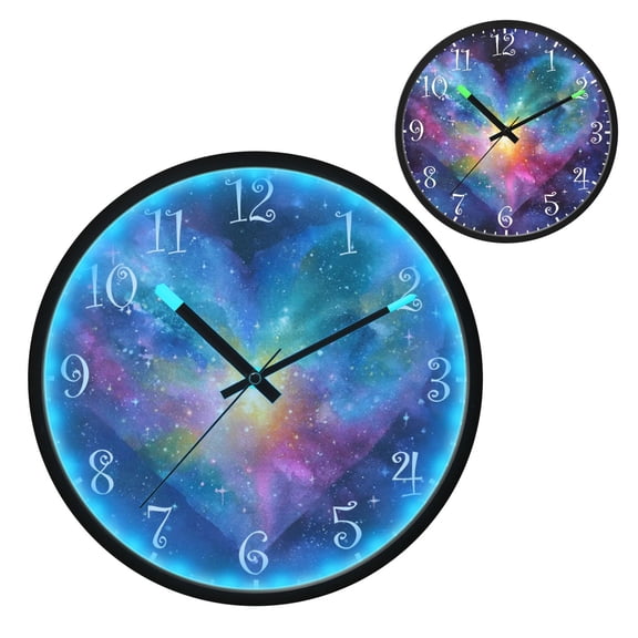 Voice Activated Clock with Glow Light 12 Inch Large Silent Wall Clock Battery Operated for Home Decor Heart with Galaxy Background