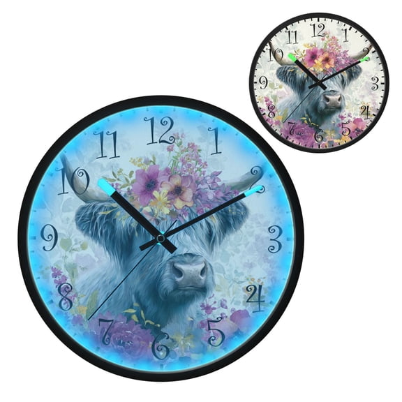 Voice Activated Clock with Glow Light 12 Inch Large Silent Wall Clock Battery Operated for Home Decor Highland Cow with Wildflowers