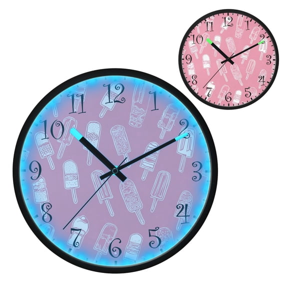 Voice Activated Clock with Glow Light 12 Inch Large Silent Wall Clock Battery Operated for Home Decor Ice Cream and Popsicle Pattern
