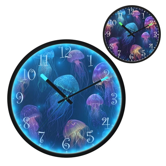 Voice Activated Clock with Glow Light 12 Inch Large Silent Wall Clock Battery Operated for Home Decor Jellyfish Swim in The Deep Sea
