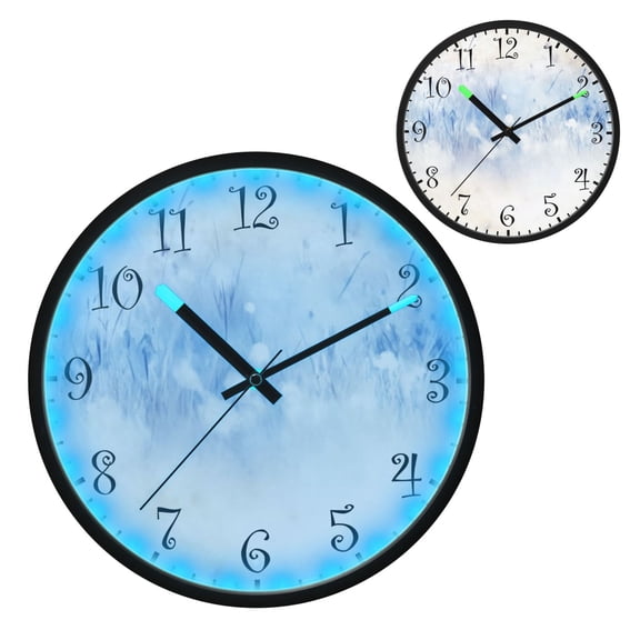 Voice Activated Clock with Glow Light 12 Inch Large Silent Wall Clock Battery Operated for Home Decor Light Blue Grass