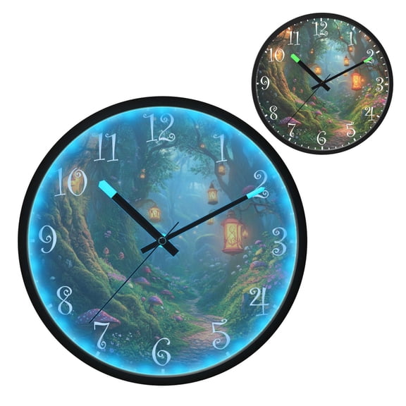 Voice Activated Clock with Glow Light 12 Inch Large Silent Wall Clock Battery Operated for Home Decor Magic Forest Scene
