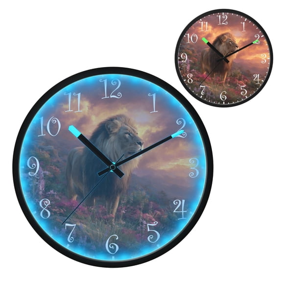 Voice Activated Clock with Glow Light 12 Inch Large Silent Wall Clock Battery Operated for Home Decor Majestic Powerful Lion
