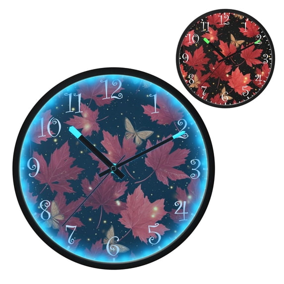 Voice Activated Clock with Glow Light 12 Inch Large Silent Wall Clock Battery Operated for Home Decor Maple Leaves and Fireflies