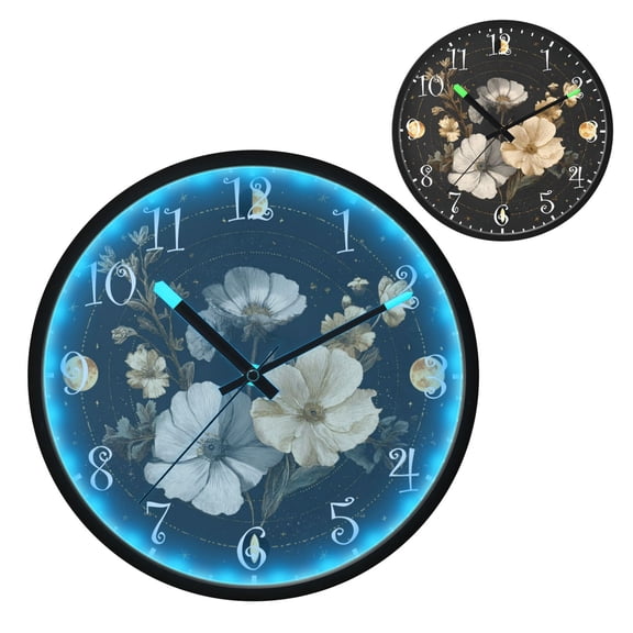 Voice Activated Clock with Glow Light 12 Inch Large Silent Wall Clock Battery Operated for Home Decor Moon Phases with Flowers and Stars