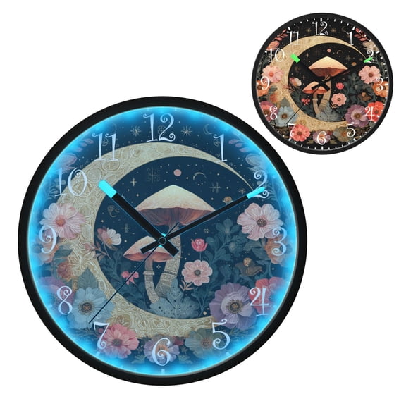 Voice Activated Clock with Glow Light 12 Inch Large Silent Wall Clock Battery Operated for Home Decor Mushroom and Crescent Moon