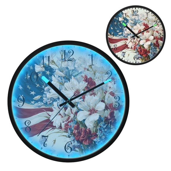 Voice Activated Clock with Glow Light 12 Inch Large Silent Wall Clock Battery Operated for Home Decor National Flag and White Flowers