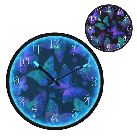 Voice Activated Clock with Glow Light 12 Inch Large Silent Wall Clock Battery Operated for Home Decor Neon Blue-purple Green Butterfly