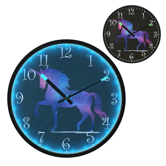 Voice Activated Clock with Glow Light 12 Inch Large Silent Wall Clock Battery Operated for Home Decor Neon Colorful Unicorn