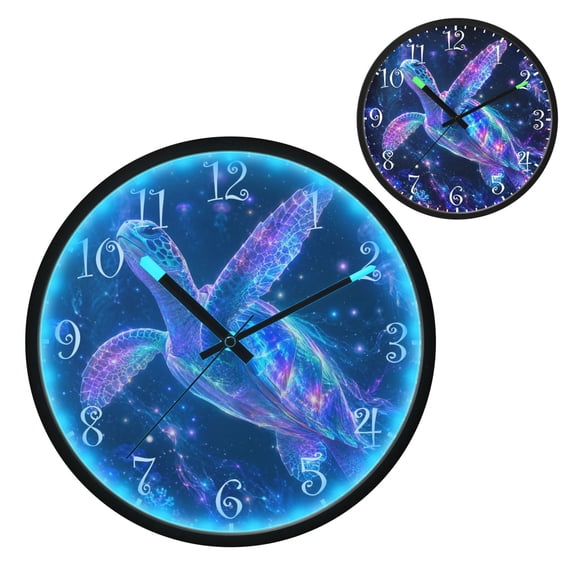 Voice Activated Clock with Glow Light 12 Inch Large Silent Wall Clock Battery Operated for Home Decor Neon Fluorescent Turtle