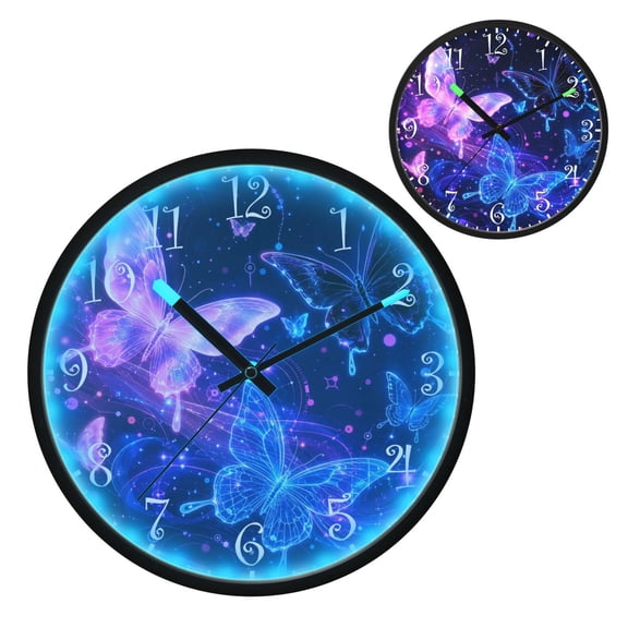 Voice Activated Clock with Glow Light 12 Inch Large Silent Wall Clock Battery Operated for Home Decor Neon Glowing Butterfly