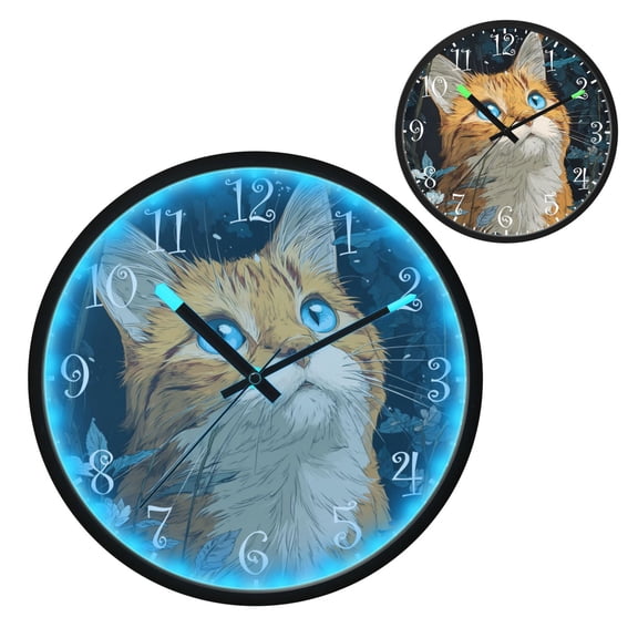 Voice Activated Clock with Glow Light 12 Inch Large Silent Wall Clock Battery Operated for Home Decor Orange Cat with Blue Eyes