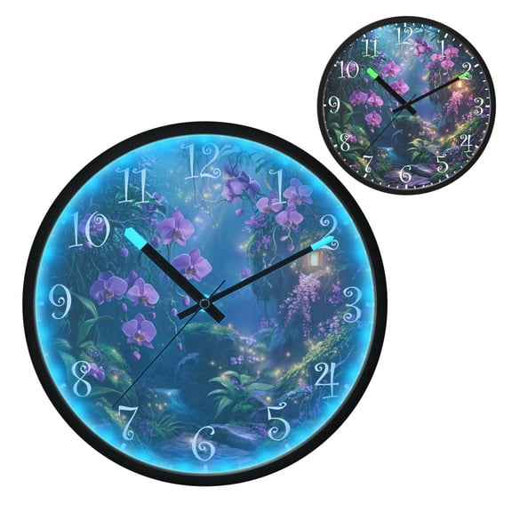 Voice Activated Clock with Glow Light 12 Inch Large Silent Wall Clock Battery Operated for Home Decor Orchid Forest Scene