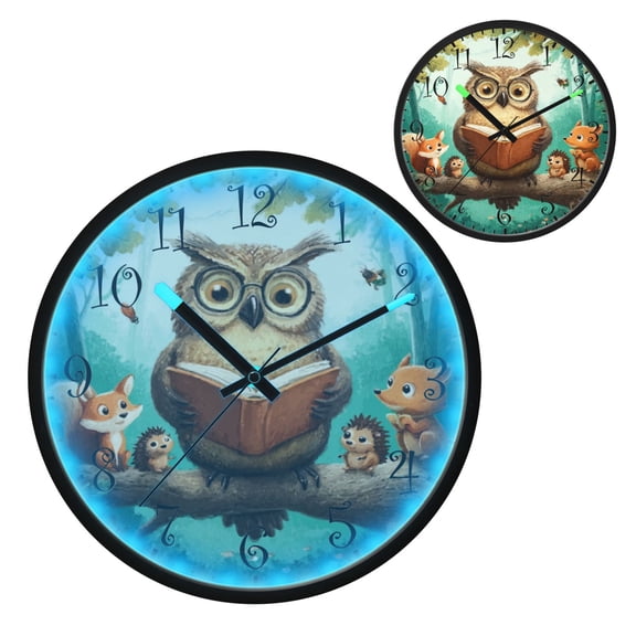 Voice Activated Clock with Glow Light 12 Inch Large Silent Wall Clock Battery Operated for Home Decor Owl Wearing Glasses