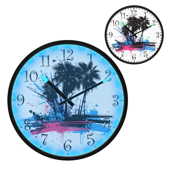 Voice Activated Clock with Glow Light 12 Inch Large Silent Wall Clock Battery Operated for Home Decor Palm Trees Graffiti