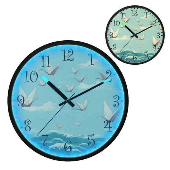Voice Activated Clock with Glow Light 12 Inch Large Silent Wall Clock Battery Operated for Home Decor Paper Cranes Pattern