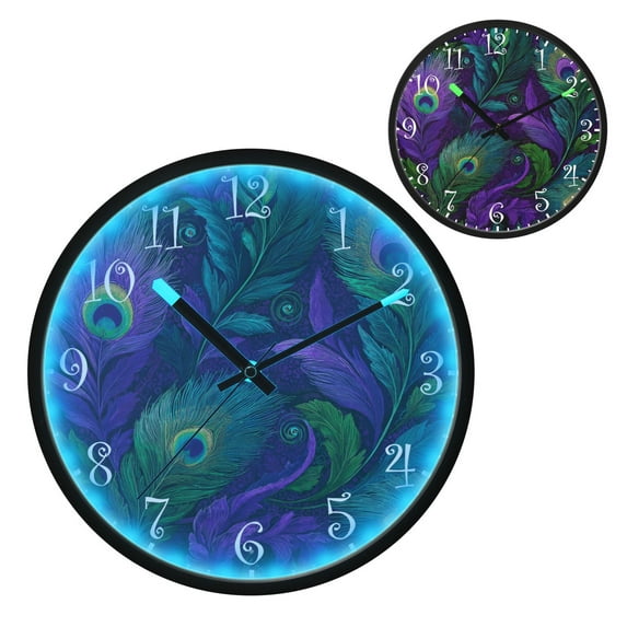 Voice Activated Clock with Glow Light 12 Inch Large Silent Wall Clock Battery Operated for Home Decor Peacock Feathers Pattern