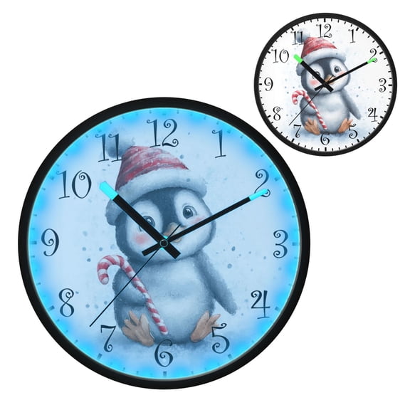 Voice Activated Clock with Glow Light 12 Inch Large Silent Wall Clock Battery Operated for Home Decor Penguin Holding Candy Cane