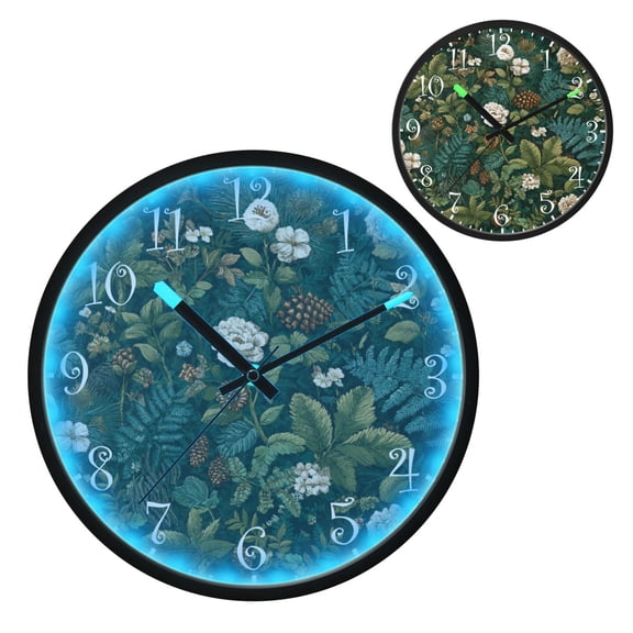 Voice Activated Clock with Glow Light 12 Inch Large Silent Wall Clock Battery Operated for Home Decor Pine Cones and Mossy Ferns