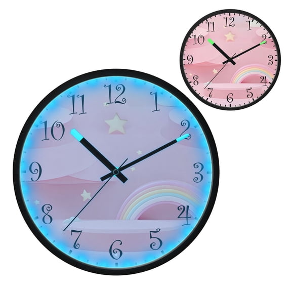 Voice Activated Clock with Glow Light 12 Inch Large Silent Wall Clock Battery Operated for Home Decor Pink Background Rainbow