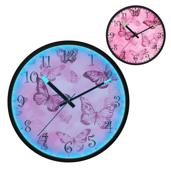 Voice Activated Clock with Glow Light 12 Inch Large Silent Wall Clock Battery Operated for Home Decor Pink Butterfly Pattern