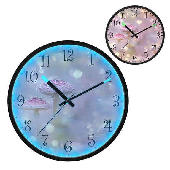 Voice Activated Clock with Glow Light 12 Inch Large Silent Wall Clock Battery Operated for Home Decor Pink Fantasy Mushroom
