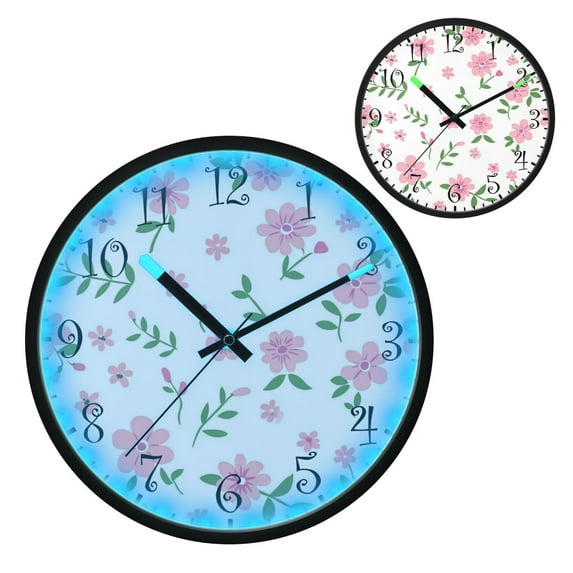 Voice Activated Clock with Glow Light 12 Inch Large Silent Wall Clock Battery Operated for Home Decor Pink Flower Pattern