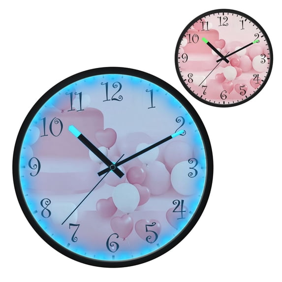 Voice Activated Clock with Glow Light 12 Inch Large Silent Wall Clock Battery Operated for Home Decor Pink Heart-shaped Balloons