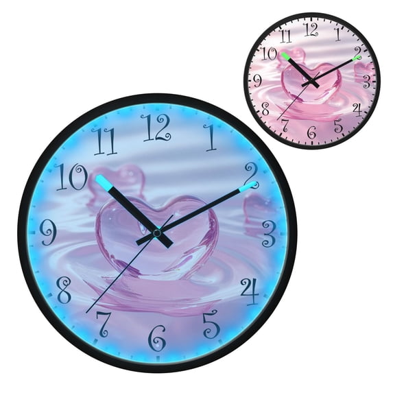Voice Activated Clock with Glow Light 12 Inch Large Silent Wall Clock Battery Operated for Home Decor Pink Heart-shaped Glass