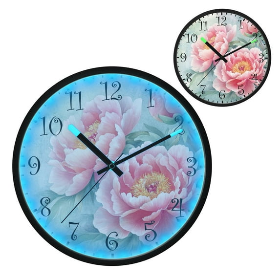 Voice Activated Clock with Glow Light 12 Inch Large Silent Wall Clock Battery Operated for Home Decor Pink Peony Flowers