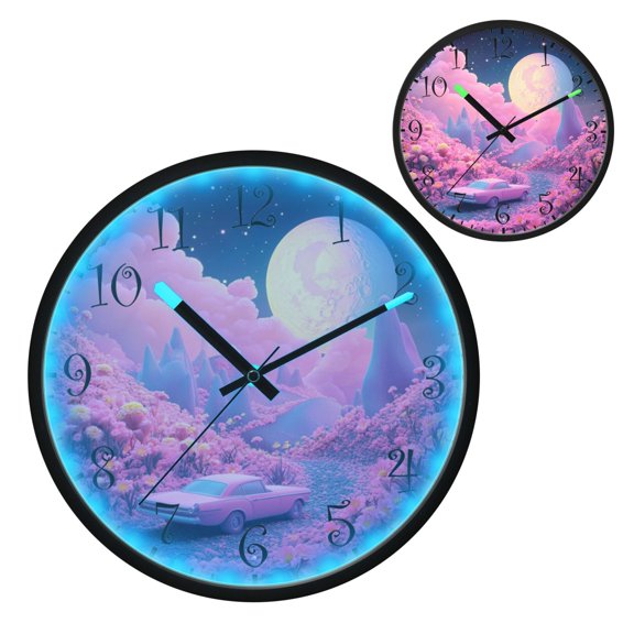 Voice Activated Clock with Glow Light 12 Inch Large Silent Wall Clock Battery Operated for Home Decor Pink Planet with Clouds