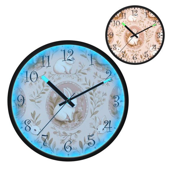 Voice Activated Clock with Glow Light 12 Inch Large Silent Wall Clock Battery Operated for Home Decor Pink and Peach Rabbits