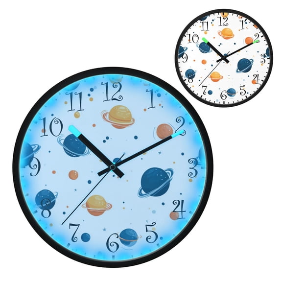 Voice Activated Clock with Glow Light 12 Inch Large Silent Wall Clock Battery Operated for Home Decor Planets with Rings Pattern