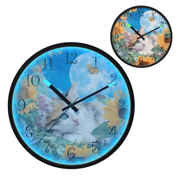 Voice Activated Clock with Glow Light 12 Inch Large Silent Wall Clock Battery Operated for Home Decor Playful Cat Lying Sunflowers